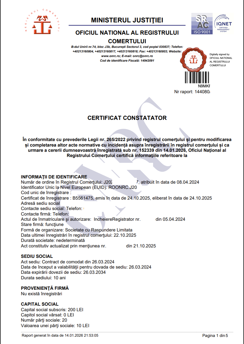Exemplu Certificat Constatator ONRC - Document oficial emis de Registrul Comerțului