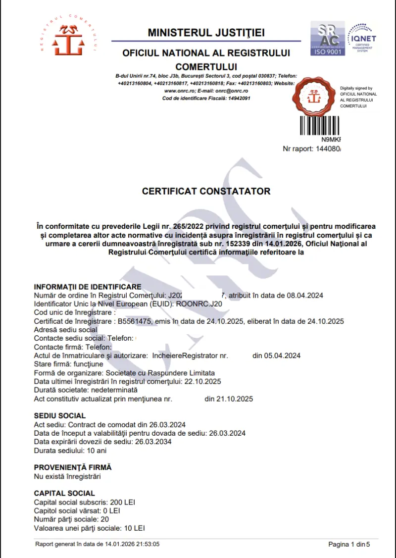 Certificat Constatator ONRC - Specimen Exemplu Certificat Constatator ONRC - Document oficial emis de Registrul Comerțului